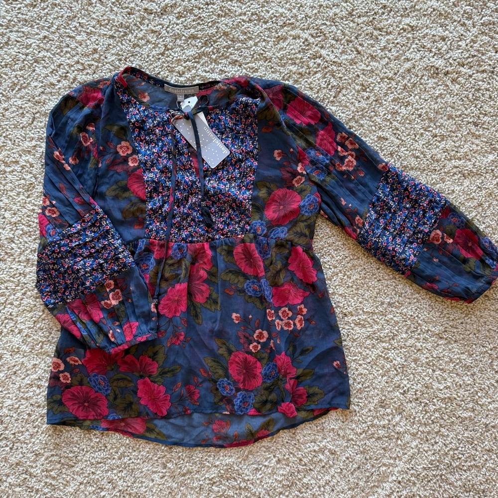 Daniel Rainn 3/4 Sleeve Floral Sheer Blouse Tunic Top Keyhole Boho - Size Medium
